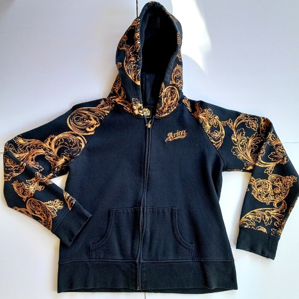 Vintage Avirex Hoodie Women's XL Black Full Zip Metallic Copper Flourish Grunge